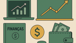 Ilustração digital em estilo flat e minimalista com laptop exibindo gráfico de barras, quadro com linha ascendente, carteira com dinheiro, moedas empilhadas e livro de finanças, em tons de verde, amarelo e bege.