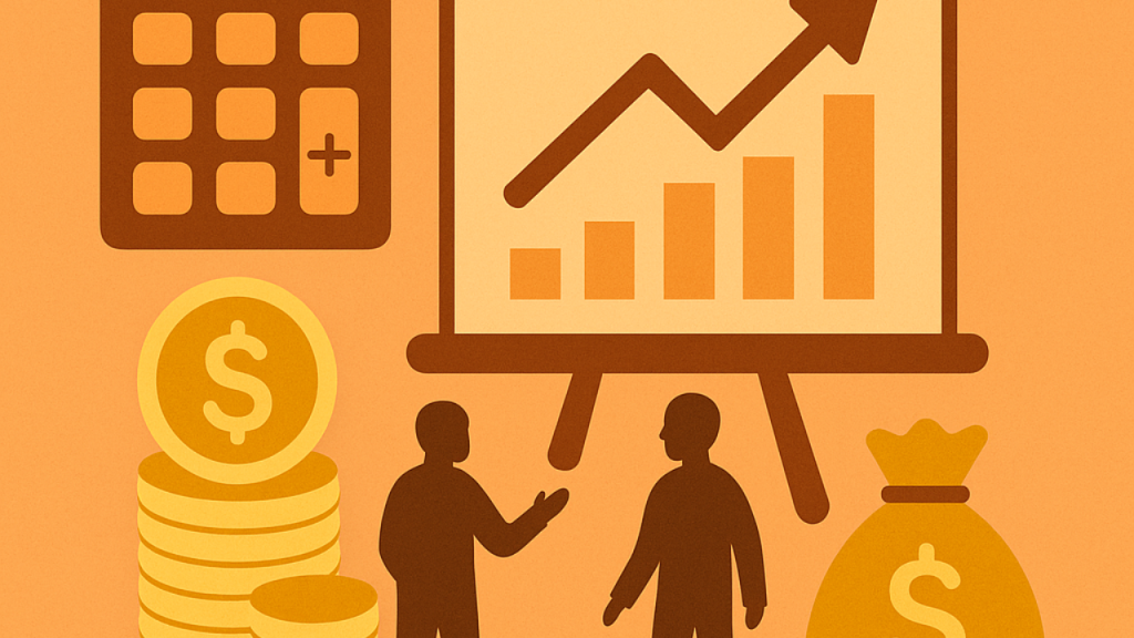 Ilustração flat minimalista em laranja, com calculadora, quadro de apresentação mostrando gráfico de crescimento, moedas e sacola de dinheiro, acompanhados por silhuetas abstratas, simbolizando estratégias de gestão e quitação de dívidas.