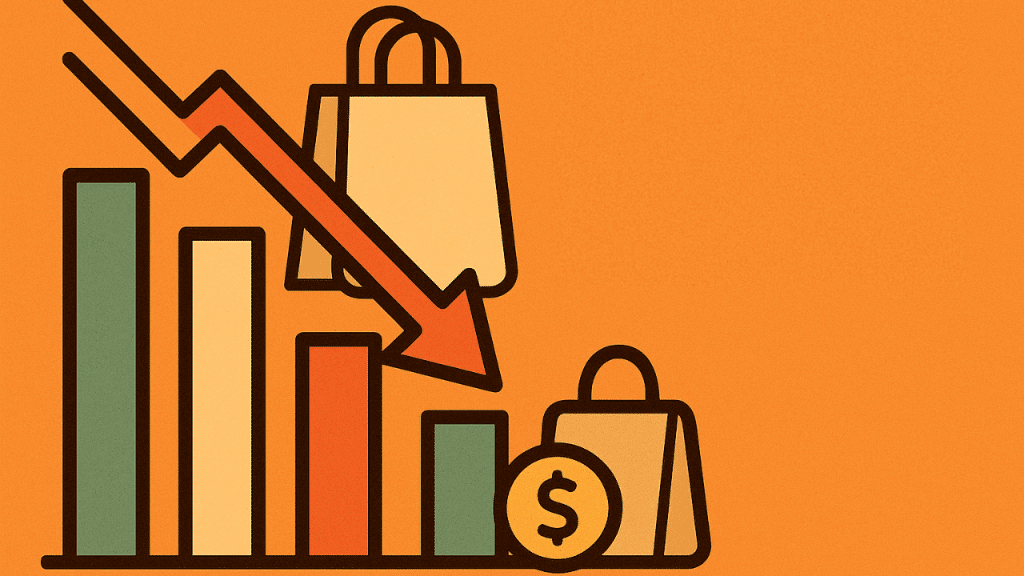 Ilustração flat minimalista em fundo laranja com barras de consumo em queda, seta vermelha descendente, sacolas de compras e moeda, simbolizando os impactos da instabilidade política no mercado e no consumo