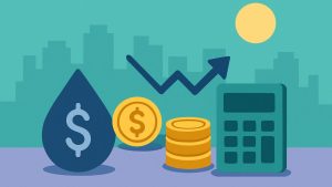Ilustração flat minimalista com skyline azul esverdeado e sol amarelo ao fundo. Em primeiro plano, símbolos financeiros: gota azul com cifrão, moedas douradas, calculadora verde e seta azul apontando para cima.