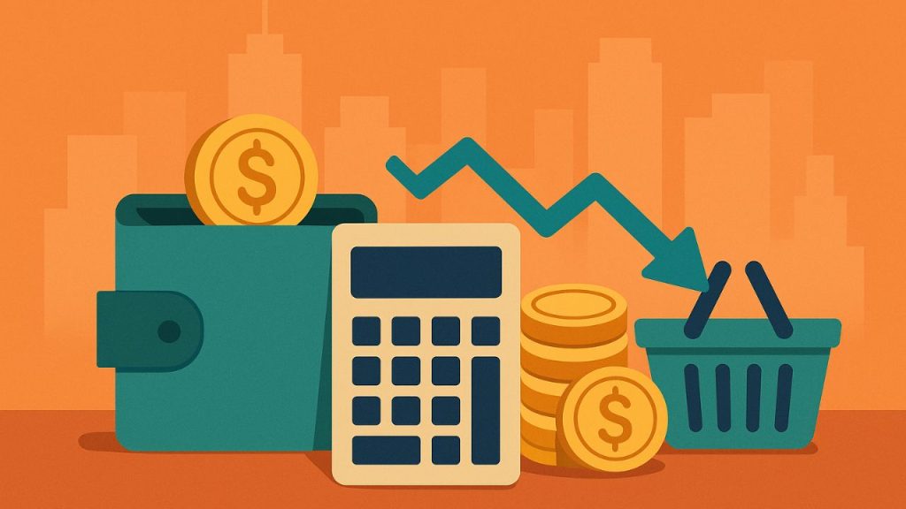 Ilustração digital flat de uma cidade ao fundo em tom alaranjado, com ícones de finanças no primeiro plano: carteira verde com moeda, pilha de moedas douradas, calculadora bege e seta azul apontando para baixo em direção a um carrinho de compras.
