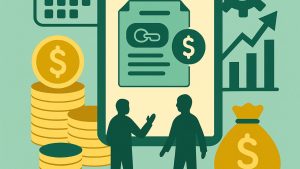 Ilustração flat minimalista em verde e dourado com ícones de moedas, calendário, engrenagens e gráfico ascendente, além de silhuetas abstratas negociando diante de um documento, representando a renegociação de dívidas