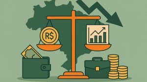 ustração digital flat em tons de verde e laranja mostrando balança com moeda de real e gráfico, mapa do Brasil ao fundo, carteira com dinheiro, pasta executiva e moedas empilhadas, simbolizando impacto da instabilidade política nas finanças