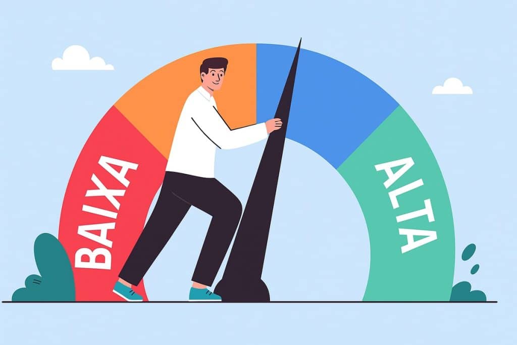 Ilustração vetorial horizontal mostrando um homem empurrando o ponteiro de um velocímetro de pontuação, com fundo azul claro e áreas coloridas indicando níveis de pontuação: vermelho com a palavra “BAIXA”, laranja intermediário e verde com a palavra “ALTA”. O homem usa camisa branca, calças escuras e tênis azuis, representando o avanço da pontuação em direção à área positiva.