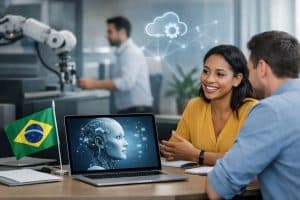 Profissionais em ambiente corporativo brasileiro discutem soluções tecnológicas enquanto observam, em um notebook, a representação de um sistema inteligente, simbolizando inovação e o uso de inteligência artificial nas empresas brasileiras em aplicações além do óbvio, integradas à estratégia, colaboração e transformação digital.