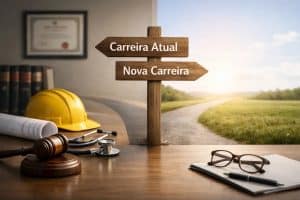 Placa de madeira indicando a escolha entre carreira atual e nova carreira sobre uma mesa com objetos que representam profissões reguladas no Brasil, como capacete de engenharia, martelo jurídico e estetoscópio, simbolizando os desafios, decisões e mudanças de carreira enfrentados por profissionais que desejam migrar para novas áreas regulamentadas.