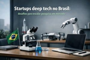 Ambiente de laboratório tecnológico com microscópio, laptop, frasco de reagente, drone e braço robótico sobre uma mesa, ao lado da bandeira do Brasil, representando a inovação em startups deep tech e os desafios de transformar pesquisa científica em soluções de mercado no país.