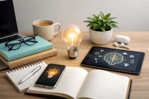 Mesa de trabalho com caderno aberto, smartphone e tablet exibindo ícones de ideia e cérebro digital, lâmpada acesa ao centro, livros, café e planta ao fundo, representando aprendizado contínuo e inovação como tendências que influenciam carreiras e desenvolvimento profissional.