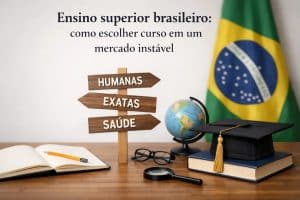 Cena representando a educação superior no Brasil, com uma mesa de estudos contendo livros, caderno aberto, lápis, lupa e um capelo de formatura. Ao centro, uma placa de madeira indica diferentes áreas do conhecimento — humanas, exatas e saúde — simbolizando as escolhas acadêmicas. Ao fundo, a bandeira do Brasil e um globo terrestre reforçam o contexto nacional da educação e da formação universitária.