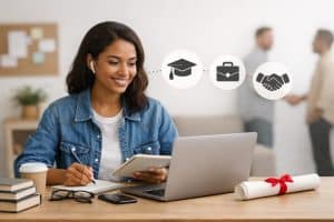 Jovem profissional estudando em um laptop enquanto faz anotações em um caderno, representando aprendizado contínuo e desenvolvimento de carreira por meio de cursos livres. Sobre a imagem aparecem ícones de graduação, trabalho e aperto de mãos, simbolizando a progressão educacional até a inserção no mercado de trabalho. Na mesa há livros, um smartphone, óculos e um diploma enrolado, sugerindo diferentes caminhos de formação. Ao fundo, duas pessoas conversam em um ambiente de escritório, reforçando a ideia de oportunidades profissionais. A cena transmite o conceito de como cursos livres podem impulsionar a carreira e ampliar a empregabilidade além do diploma tradicional.