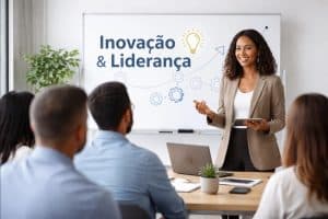 Imagem corporativa mostrando uma apresentação sobre inovação e liderança em ambiente empresarial. Uma mulher executiva conduz uma reunião diante de um quadro com o texto “Inovação & Liderança”, acompanhado de ícones de lâmpada e engrenagens que simbolizam criatividade e crescimento estratégico. Ela segura um tablet enquanto fala para uma equipe sentada à mesa com laptop e materiais de trabalho. A cena representa inovação no contexto organizacional, desenvolvimento de ideias e liderança voltada para resultados.