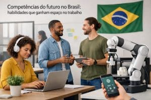 Ambiente de trabalho moderno no Brasil com profissionais colaborando em um escritório tecnológico, onde uma pessoa utiliza um laptop enquanto outras discutem ideias com um tablet ao lado de um braço robótico, com a bandeira brasileira ao fundo, representando inovação, tecnologia e o desenvolvimento de habilidades para o futuro da carreira em um cenário profissional em transformação.