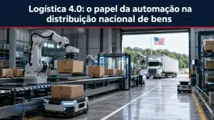 Imagem realista e minimalista de um centro logístico automatizado nos Estados Unidos, destacando inovação na Logística 4.0. A cena mostra braços robóticos movimentando caixas em esteiras inteligentes dentro de um armazém moderno e organizado, com veículos autônomos no piso industrial e um caminhão de distribuição ao fundo. A iluminação equilibrada e os elementos tecnológicos reforçam o papel da automação na distribuição nacional de bens. No topo da imagem, aparece o título “Logística 4.0: o papel da automação na distribuição nacional de bens”.