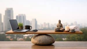 Mesa de madeira equilibrada em pedra com laptop, planta, caneca, estátua de Buda, vela acesa e toalha branca.