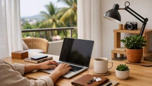 Pessoa digitando em laptop sobre mesa de madeira com plantas, café, caderno e janela com vista para palmeiras.