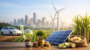Carro elétrico, turbinas eólicas, painel solar, plantas, moedas e cana-de-açúcar em mesa de madeira.