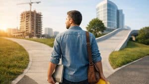 Homem de costas com camisa jeans segura capacete amarelo e notebook em caminho dividido entre construção e prédio moderno.