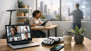 Mesa com laptop em videoconferência, mão robótica, copo, planta, celular, mulher e homem ao fundo.